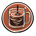 A circular vector-style illustration of a clear glass mug filled with a dark brown drink and a black straw, set against a terracotta background with white and black border lines.